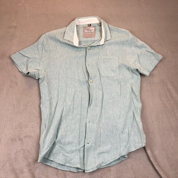 Bruno Positano Mens Button Up Shirt Medium Light Blue Short Sleeve Linen Blend - Picture 9 of 13
